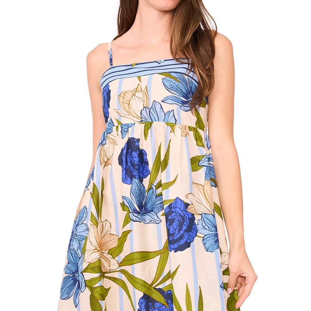 NWT CeCe Cream Maxi Dress Empire Waist Pockets Cotton Lightweight Blue Floral M